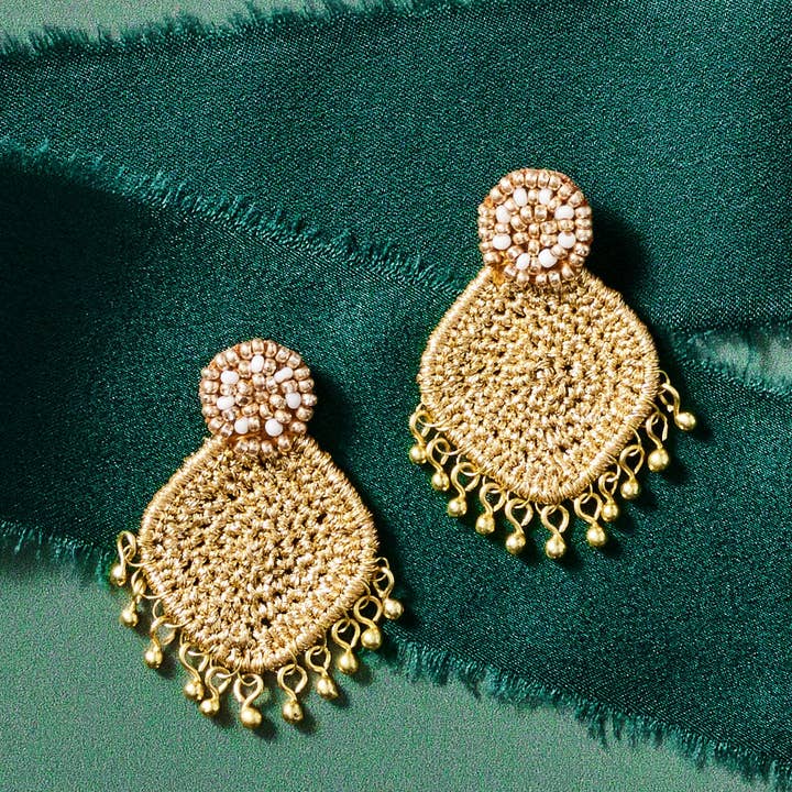 Gold Zari Thread & Brass Post Earrings (1.75" L)