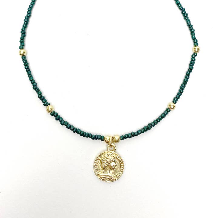 Dark Green Glass Bead Choker with Brass Coin Pendant