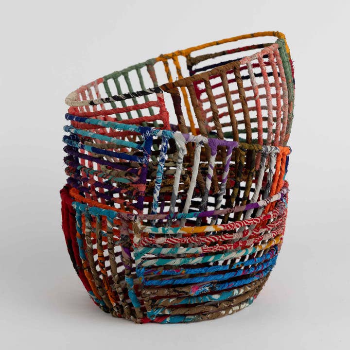 Sari-Wrapped Wire Basket (8&quot; D x 4&quot; H)