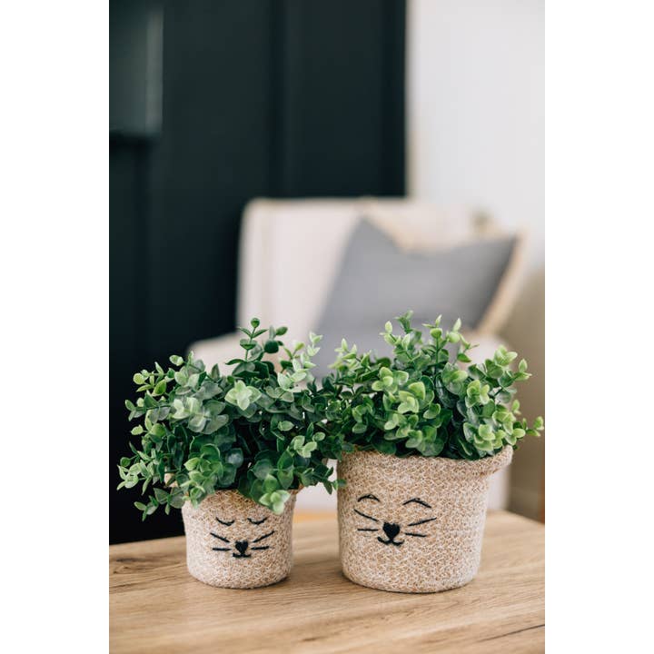 Large Cat Face Jute Basket (5&quot; D x 5.75&quot; H)