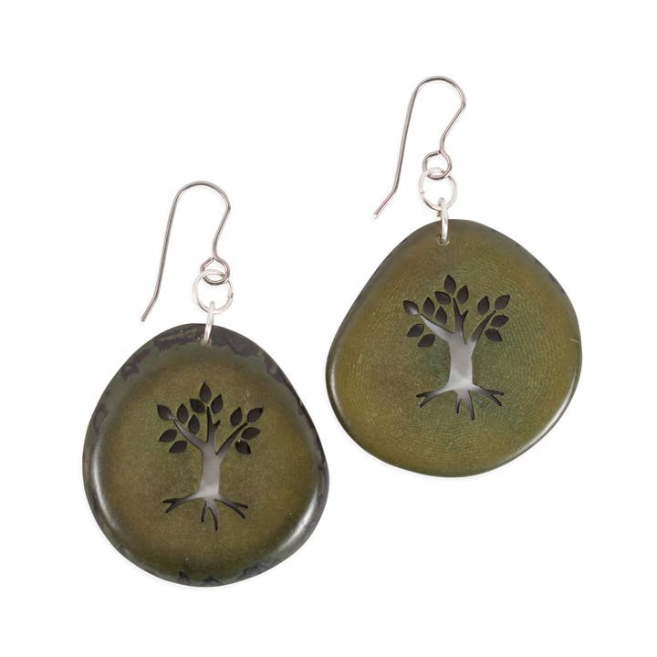 Green Tree Cut Out Tagua Earrings (2" L)