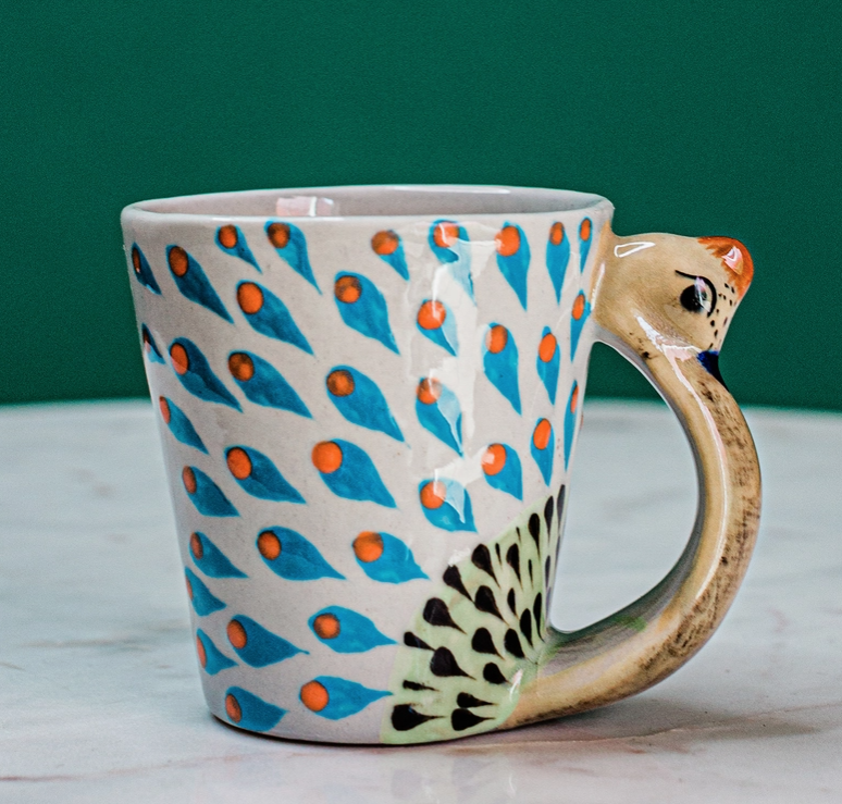Hand-Painted Ceramic Peacock Mug