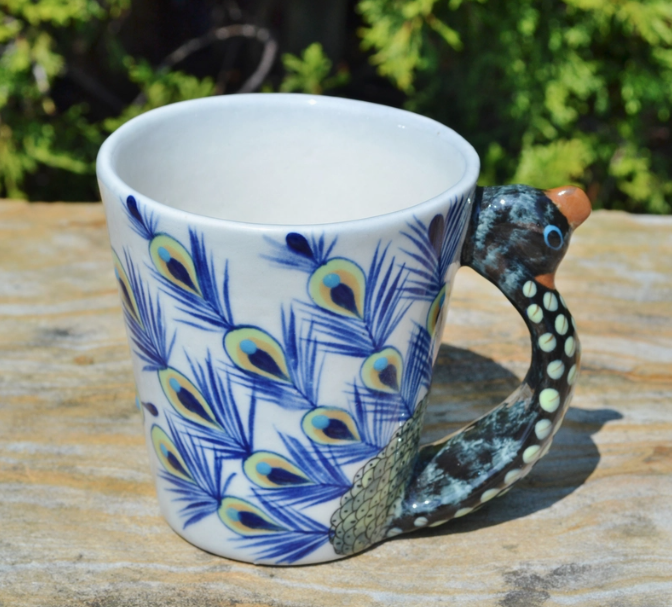 Hand-Painted Ceramic Peacock Mug