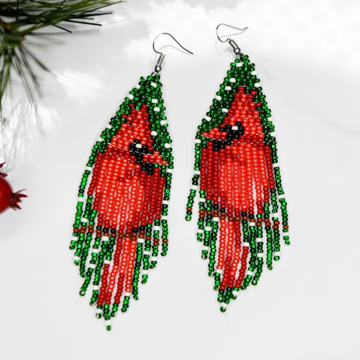 Beaded Evergreen Cardinal Earrings