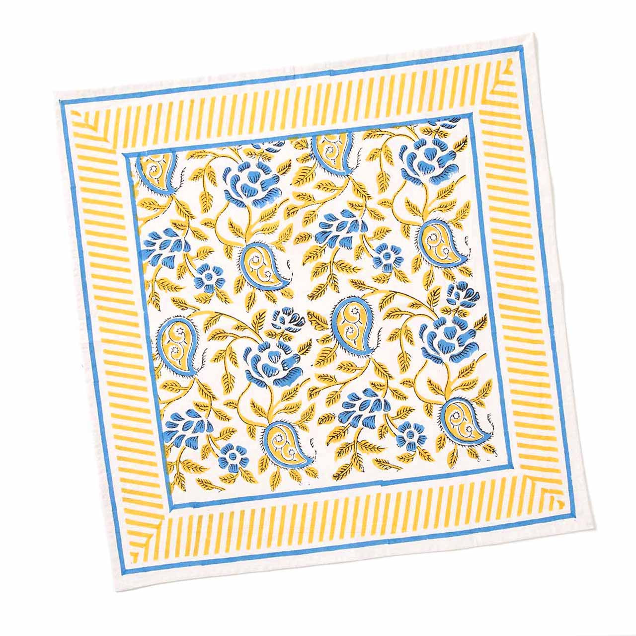 Yellow and Blue Paisley Kalamkari Napkin (20" Sq)