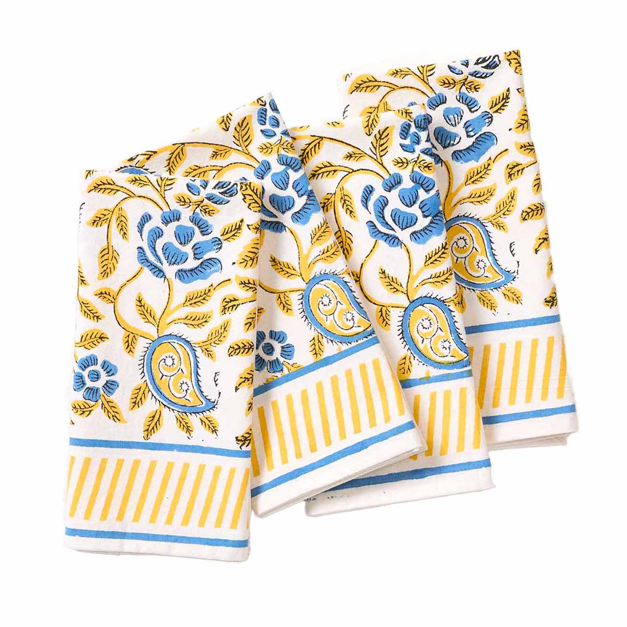 Yellow and Blue Paisley Kalamkari Napkin (20" Sq)