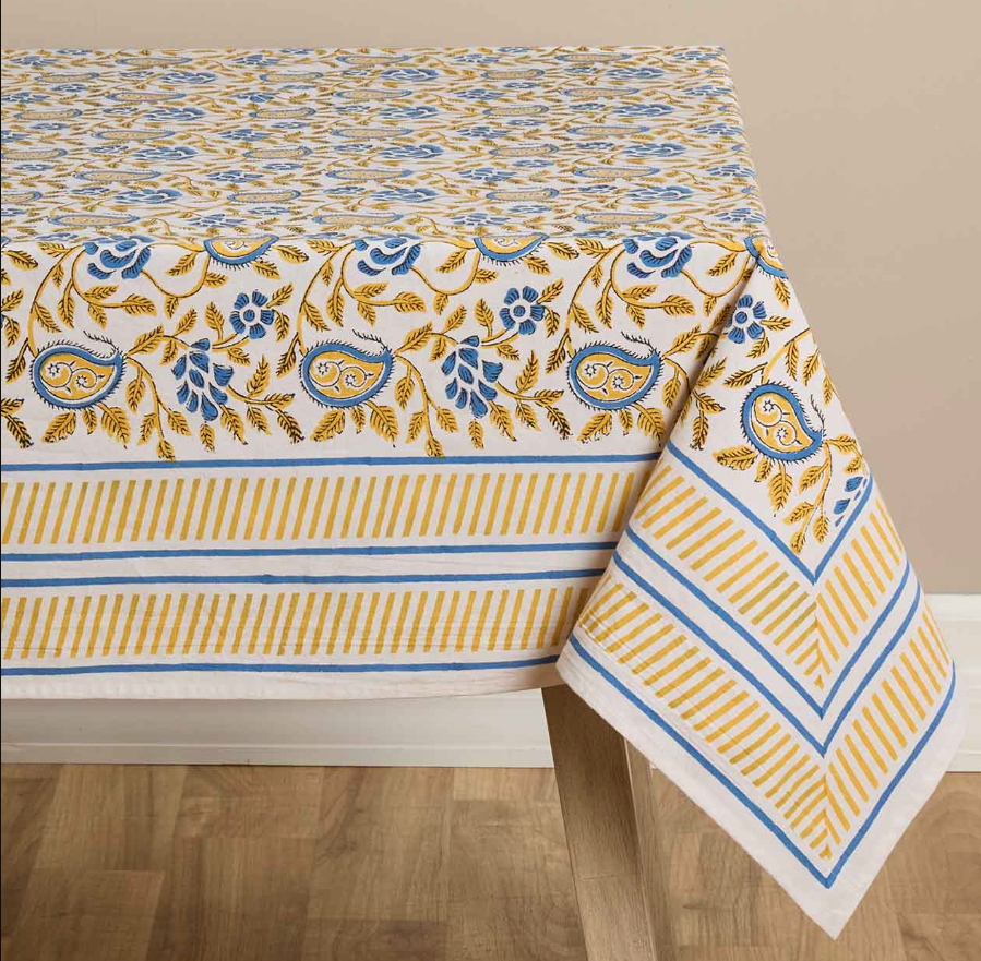 Yellow and Blue Paisley Kalamkari Tablecloth (60"x90")