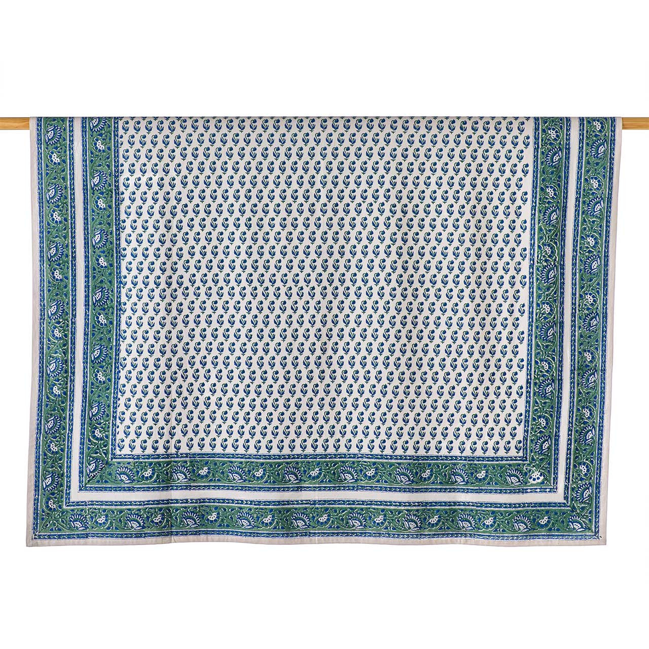Blue &amp; Green Water Lily Floral Blockprint Tablecloth (90x60)