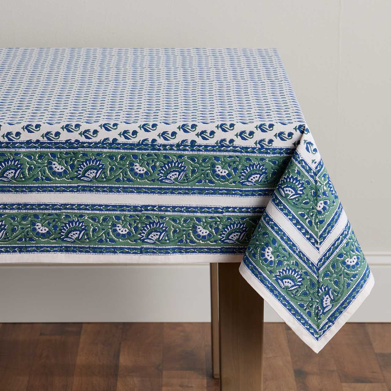 Blue & Green Water Lily Floral Blockprint Tablecloth (90x60)