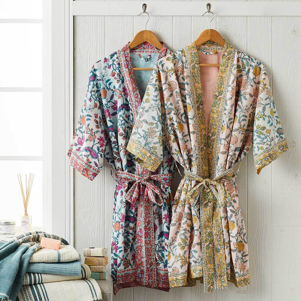Gold/Blue Floral Blockprint Cotton Robe