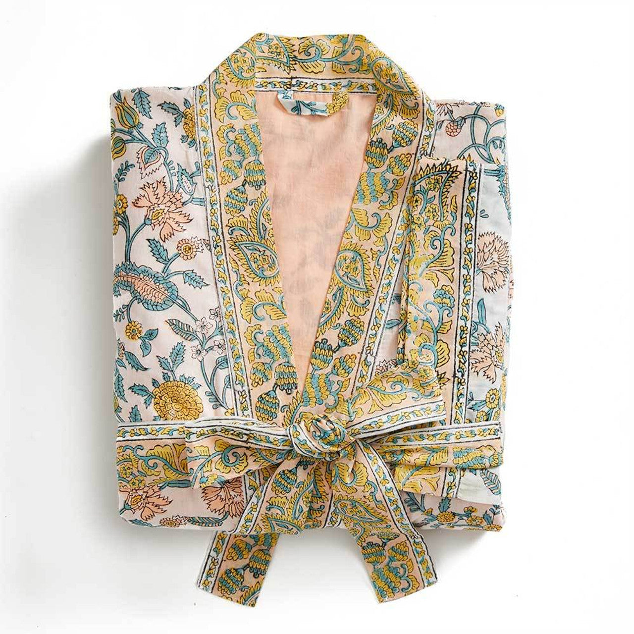 Gold/Blue Floral Blockprint Cotton Robe