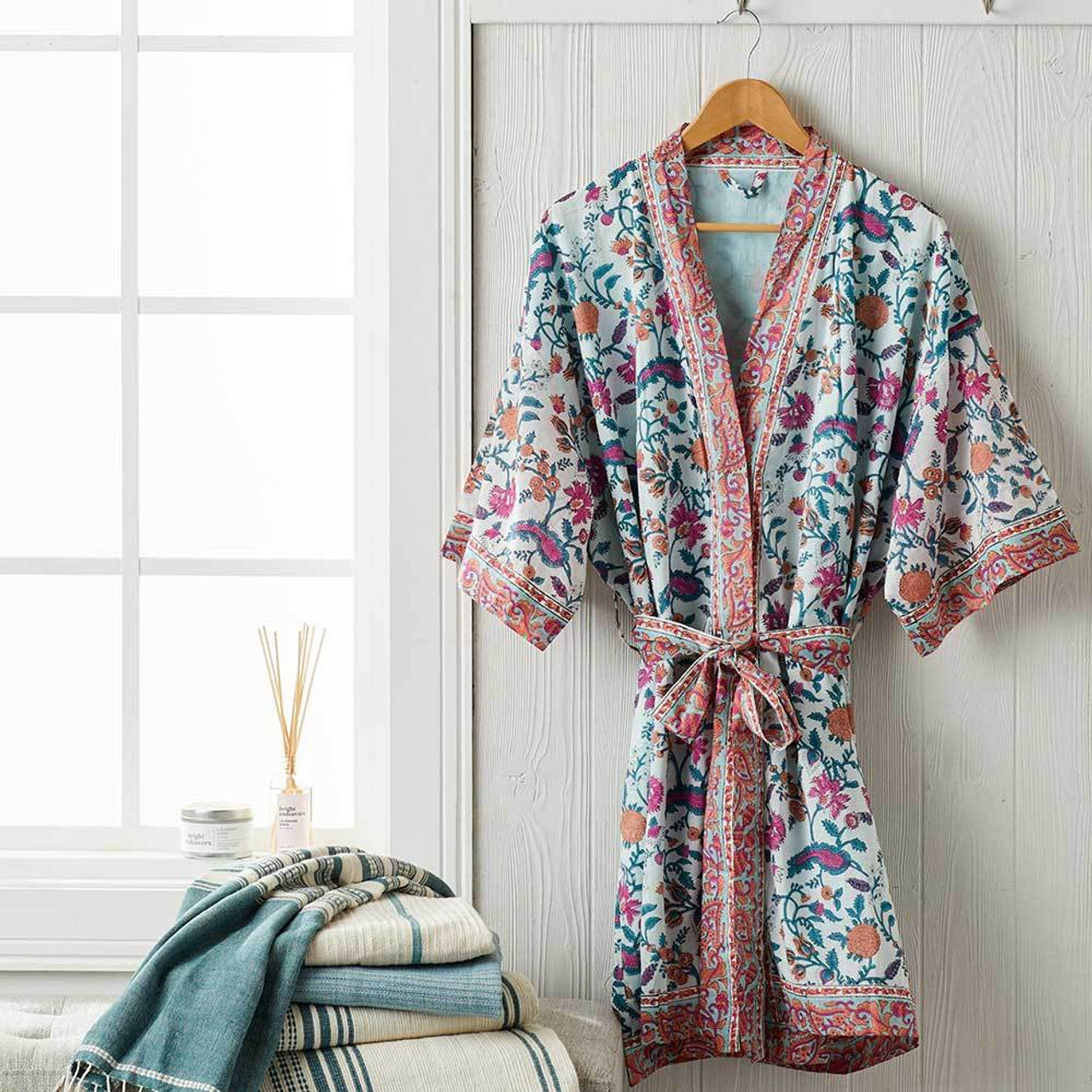 Pink/Blue Floral Blockprint Cotton Robe