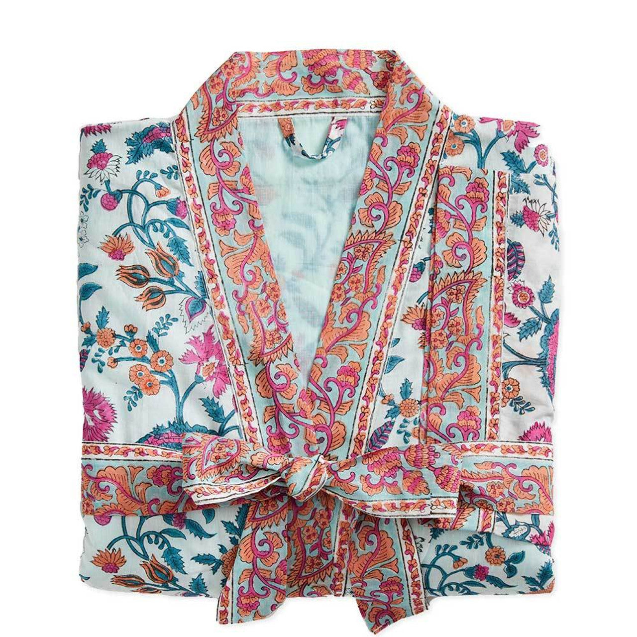 Pink/Blue Floral Blockprint Cotton Robe