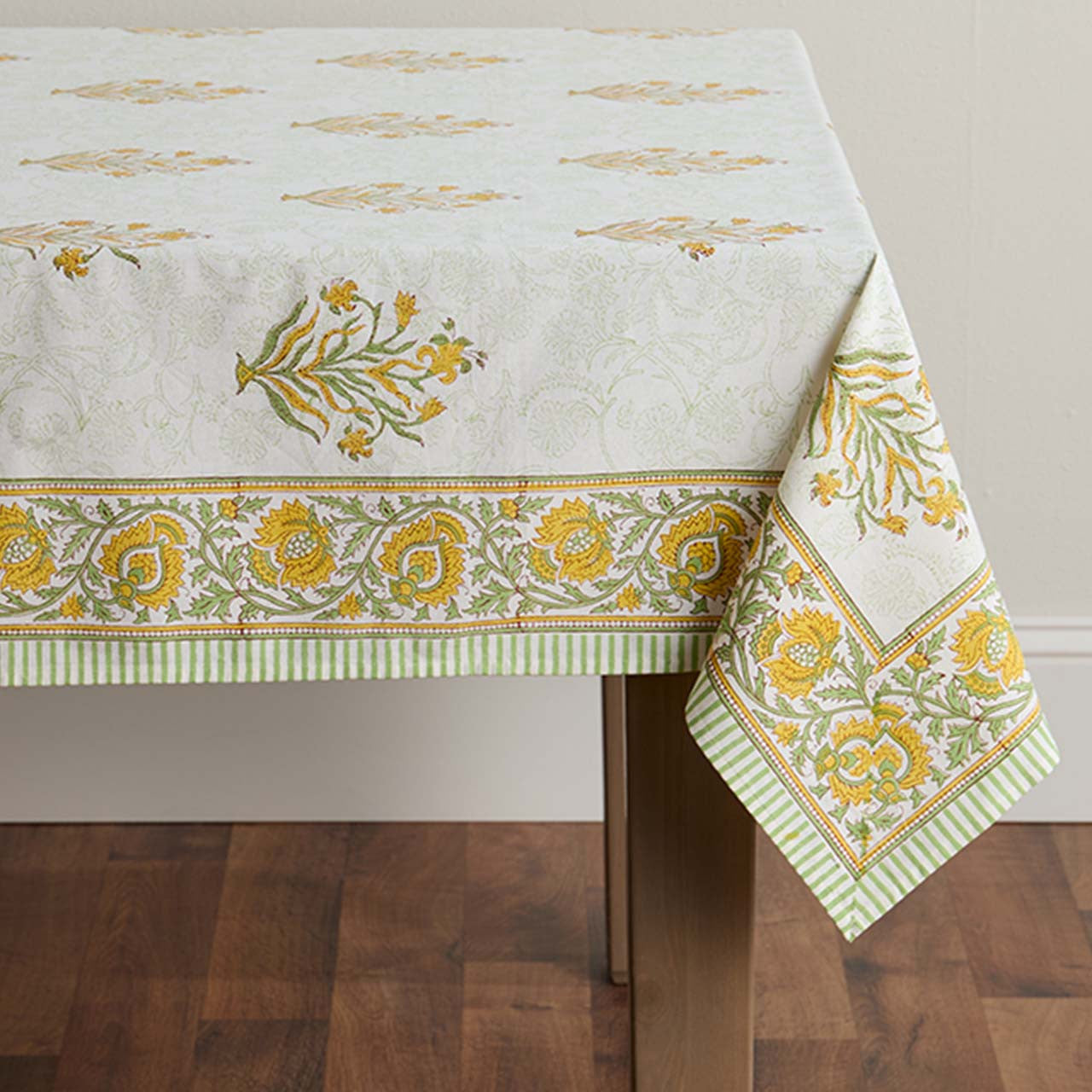 Green & Yellow Floral Blockprint Tablecloth (90x60)