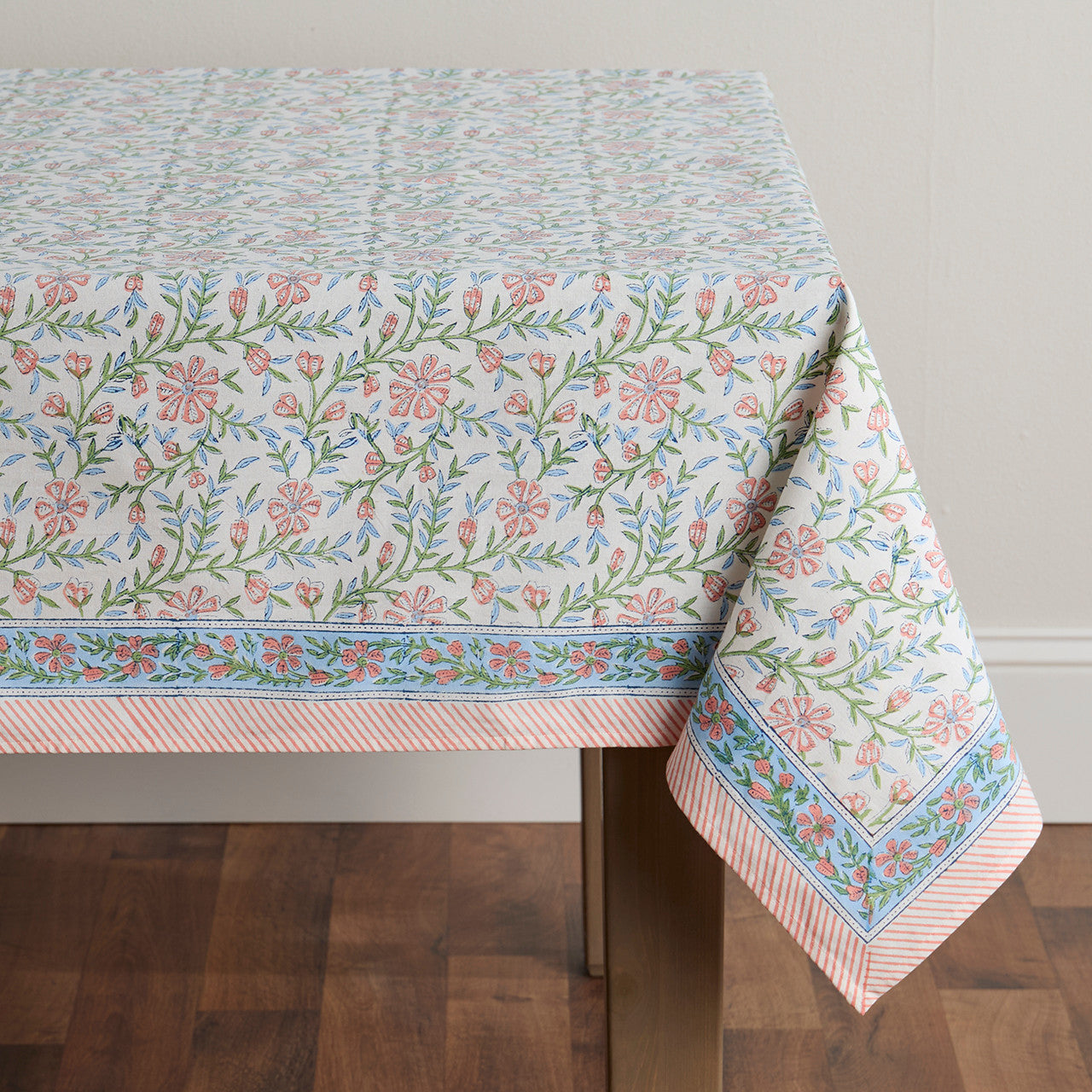Pink & Blue Floral Blockprint Tablecloth (90x60)