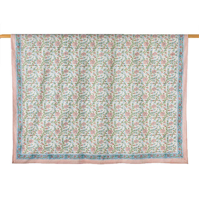 Pink &amp; Blue Floral Blockprint Tablecloth (90x60)