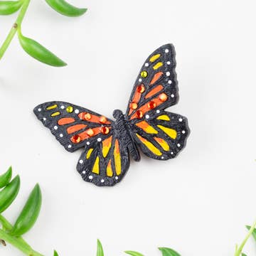 Gourd/Fabric/Crystal Monarch Butterfly Pin (3&quot; L)