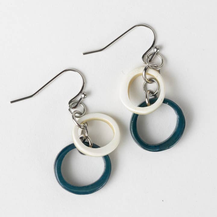 Blue & Cream 2-Circle Horn Earrings (1.5" L)