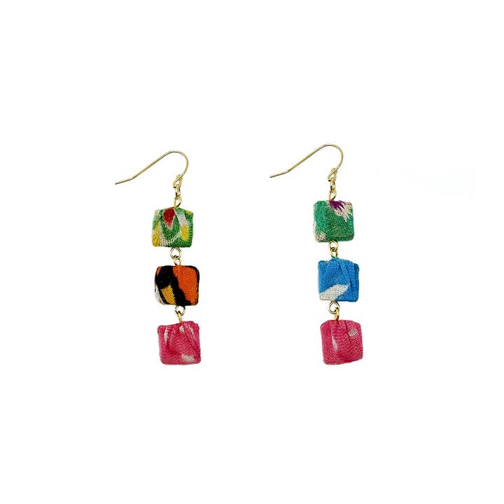 Trio Square Kantha Earrings