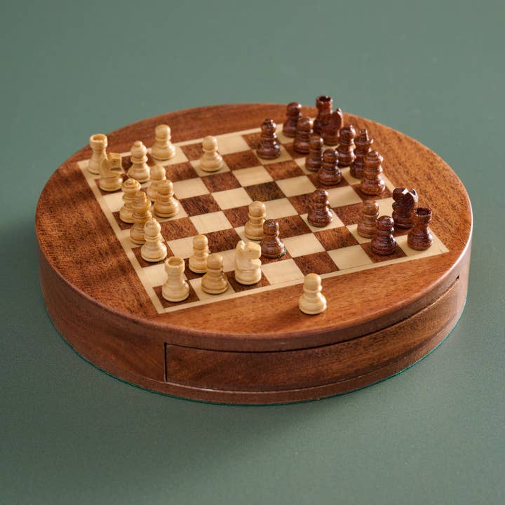 Acacia & Haldu Wood Round Magnetic Chess Set (6" D)