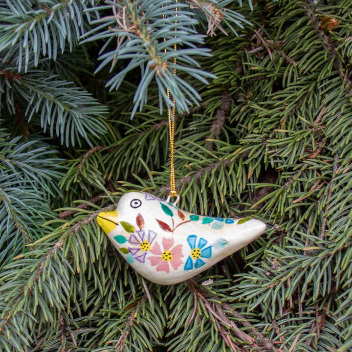 White Paper-Mache Finch Ornament