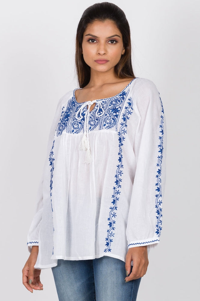 White/Blue Embroidered Cotton Asanga Tunic