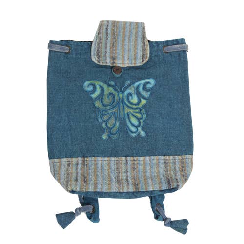 Blue Butterfly Embroidered Drawstring Backpack