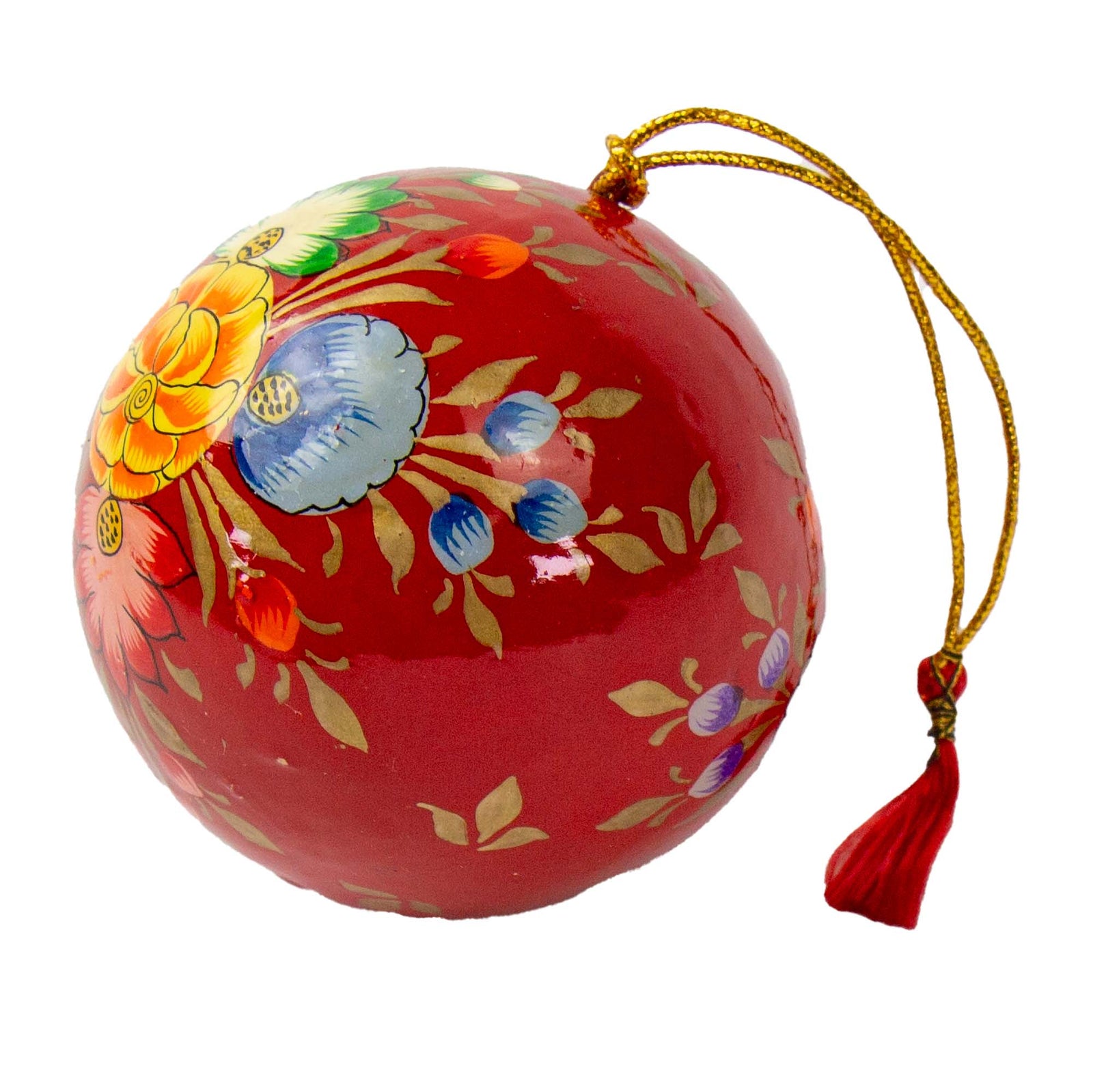 Red Kashmiri Flower Painted Paper Mache Ball Ornament (2.5" D)