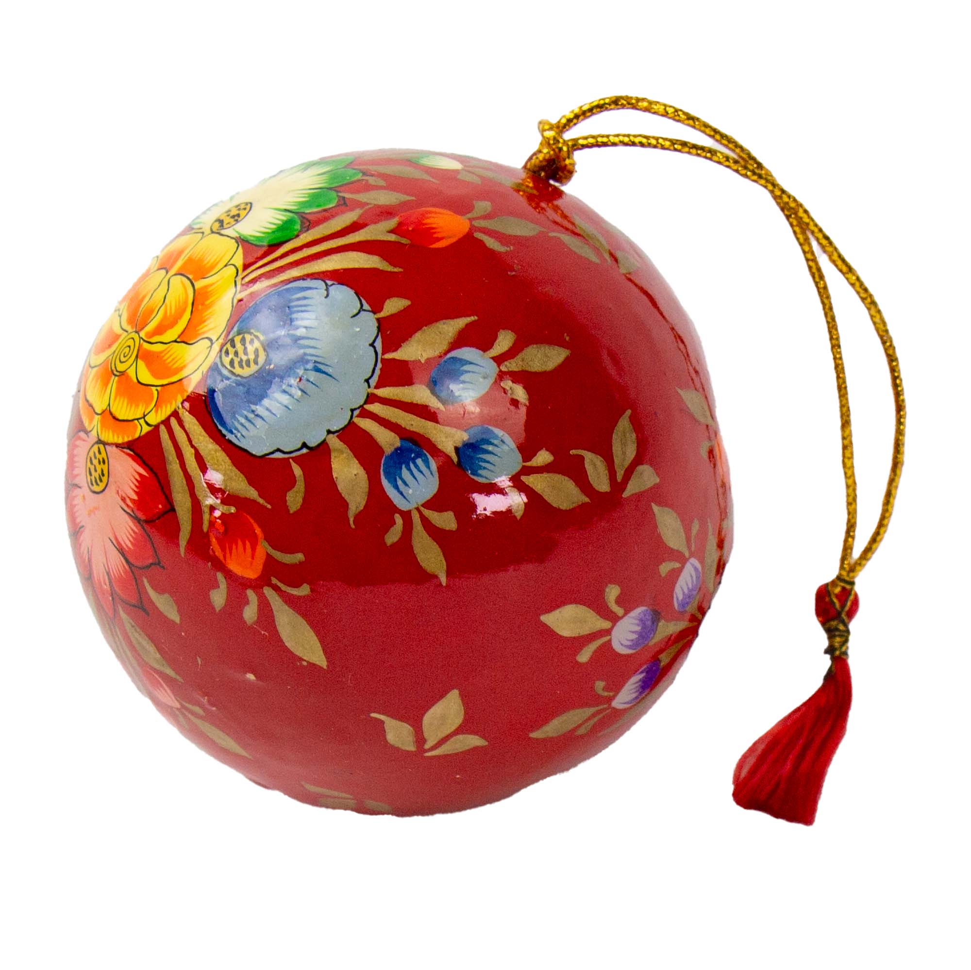 Red Kashmiri Flower Painted Paper Mache Ball Ornament (2.5&quot; D)