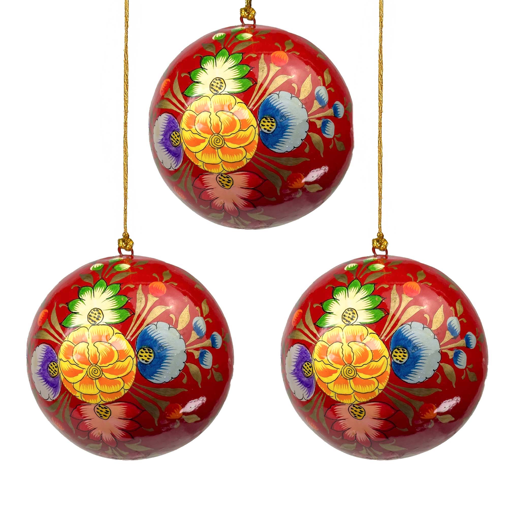 Red Kashmiri Flower Painted Paper Mache Ball Ornament (2.5&quot; D)