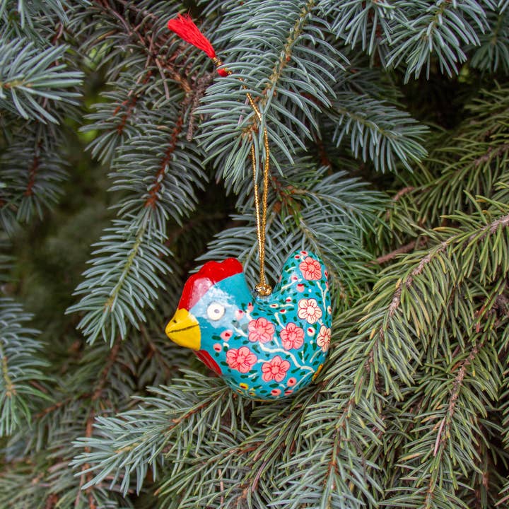 Teal Paper-Mache Chicken Ornament