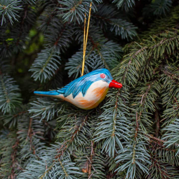 Blue Handpainted Papier-Mache Robin Ornament