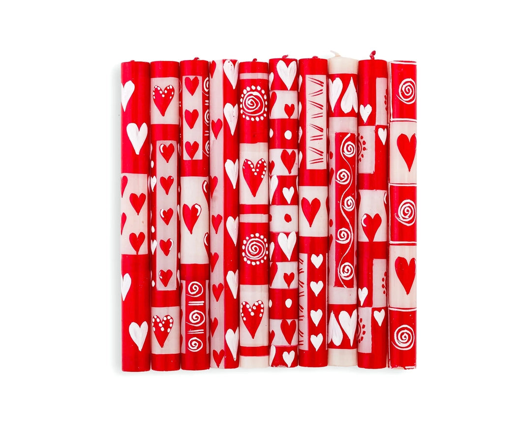 Red &amp; White Hearts Taper Candle - Set of 2