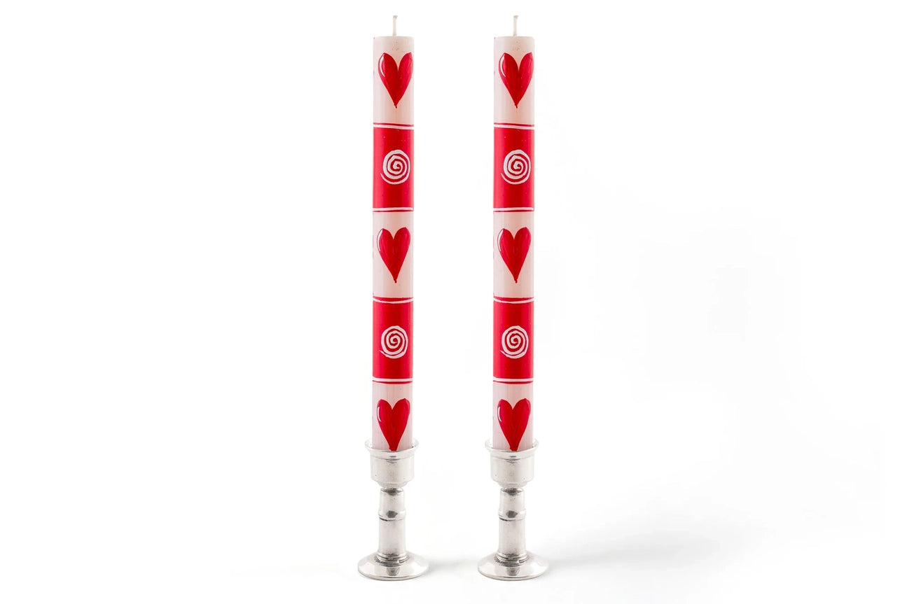 Red & White Hearts Taper Candle - Set of 2