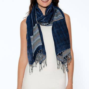 Navy/Silver Kalya Cotton &amp; Wool Scarf