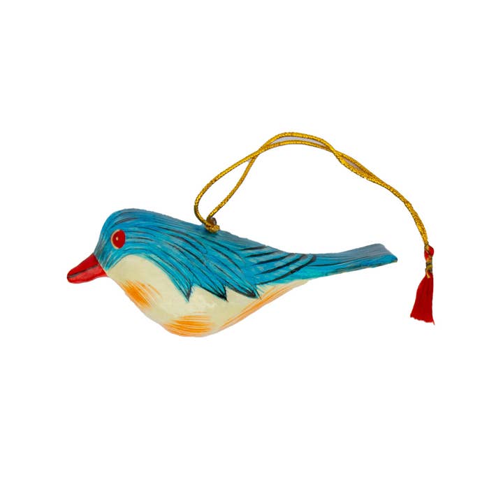Blue Handpainted Papier-Mache Robin Ornament
