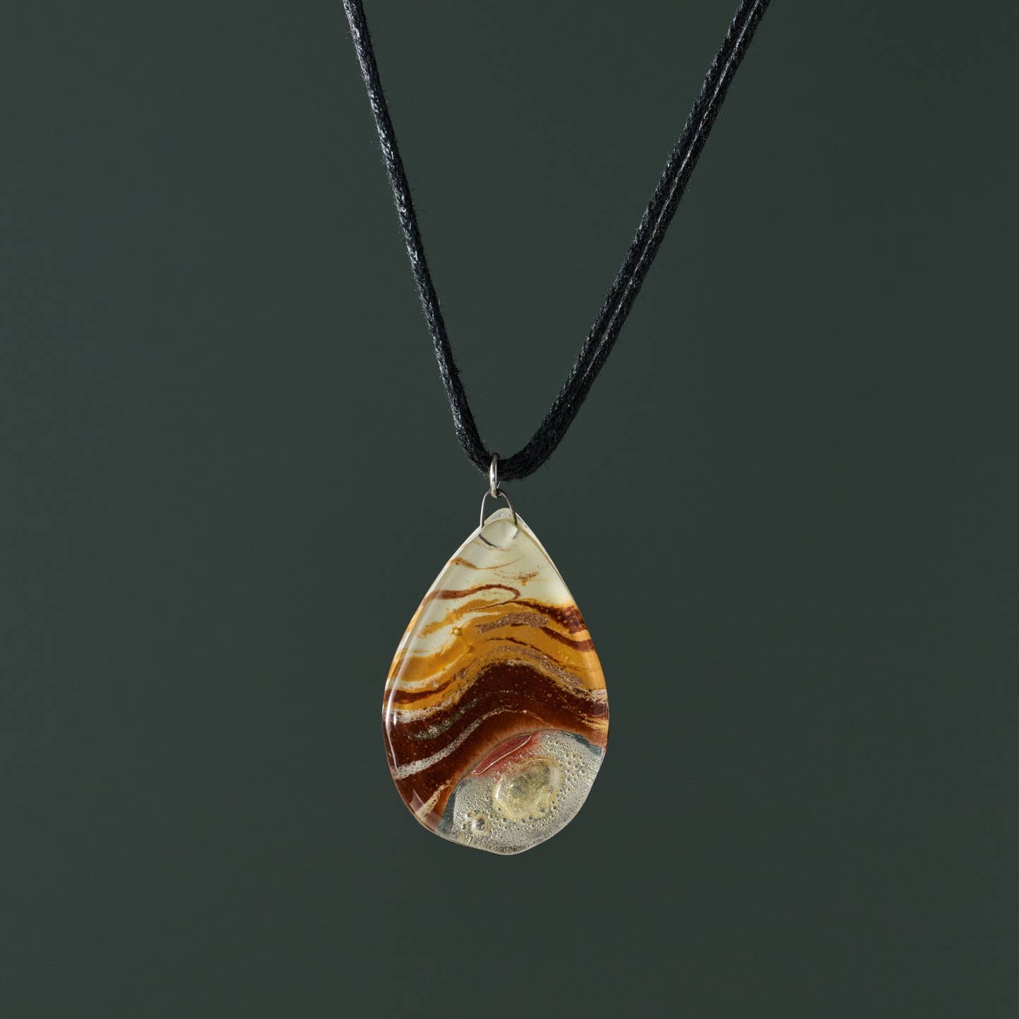 Amber Swirl Teardrop Fused Glass Necklace (18" L)