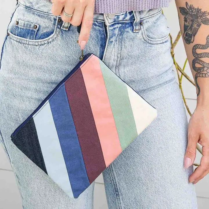 Denim Striped Wristlet