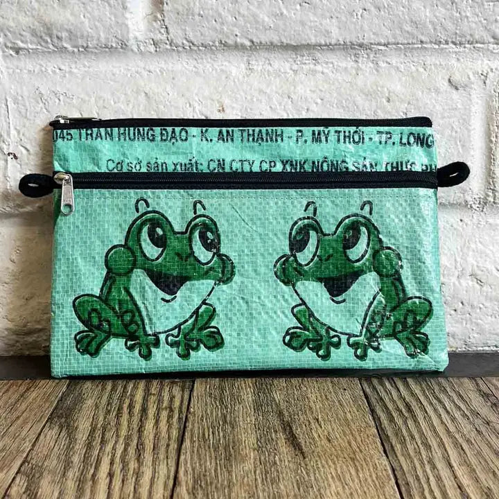 Frog Print Recycled Feed Sack Small Crossbody Pouch