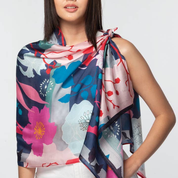 Navy/Fuchsia Floral Rishika Cupro Scarf