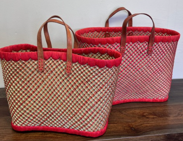 Checkered Palm Leaf Tote Bag