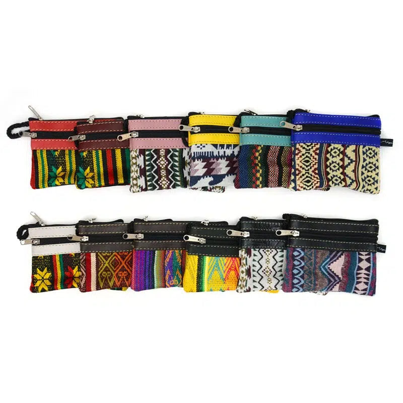 2-Zip Leather &amp; Fabric Coin Purse