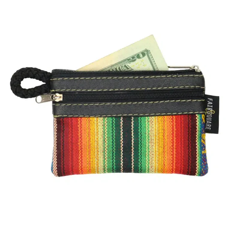 2-Zip Leather &amp; Fabric Coin Purse