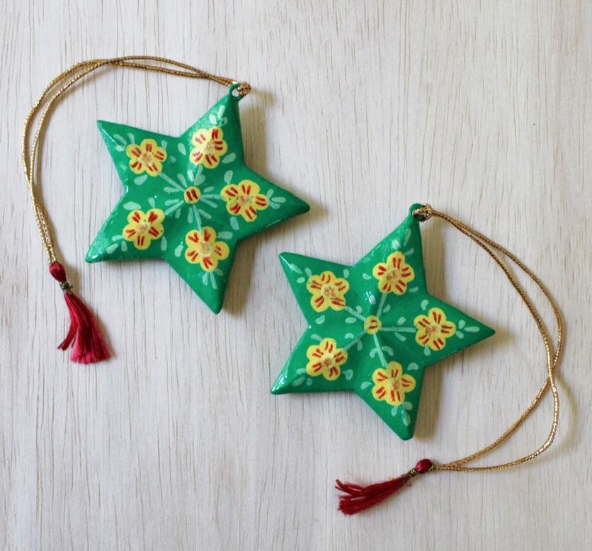 Green Star Paper Mache Ornament