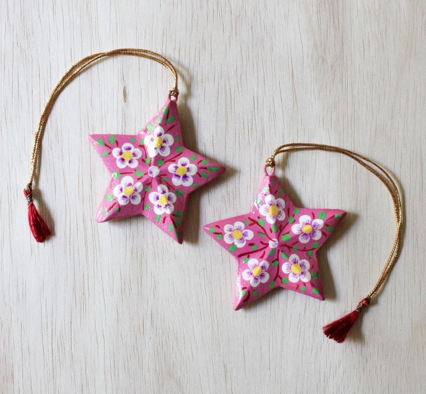 Pink Star Paper Mache Ornament