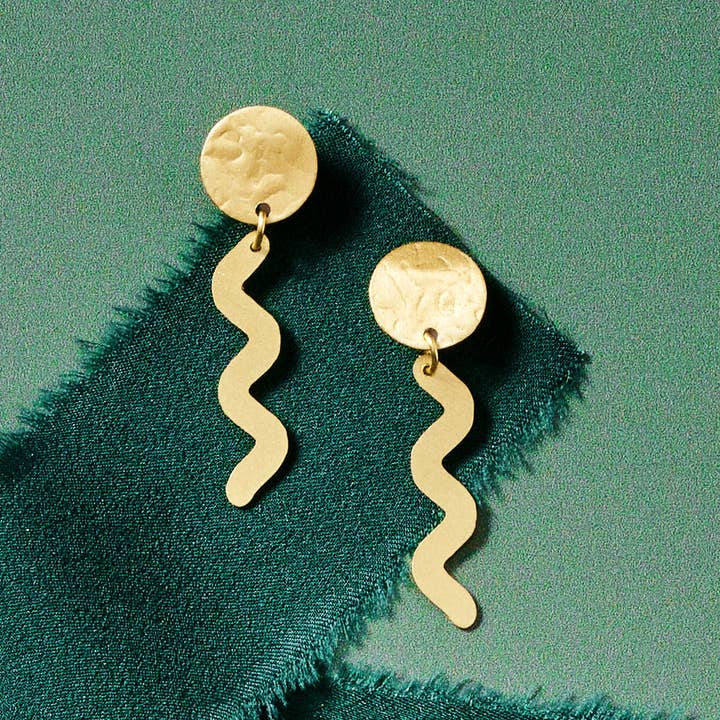 Hammered Brass Snake Earrings (2&quot; L)