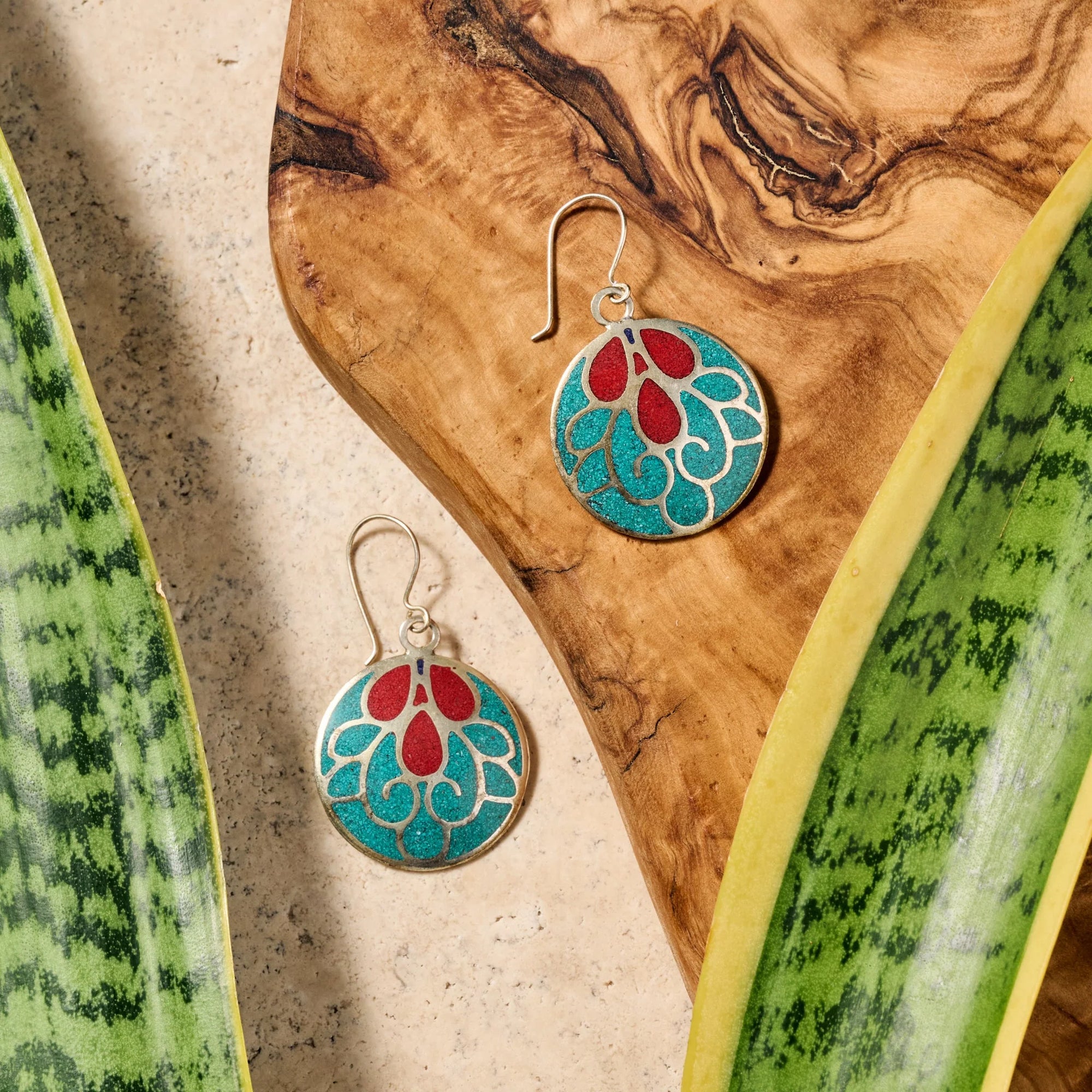 Teal &amp; Red Dangle Earrings