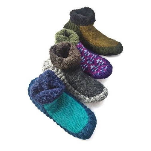 A collection of colorful wool slippers with fleece lining, featuring various colors and patterns.