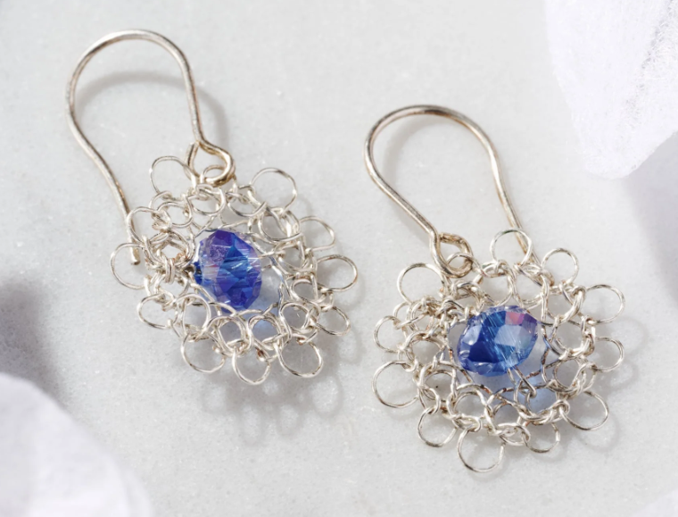 Macrame Alpaca Blue Glass Earrings