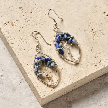 Lapis Tree Oval Earrings (2" L)